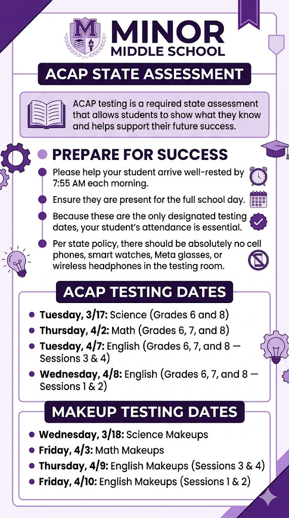 A ACAP Testing flyer with tips for students to be at their best for testing.