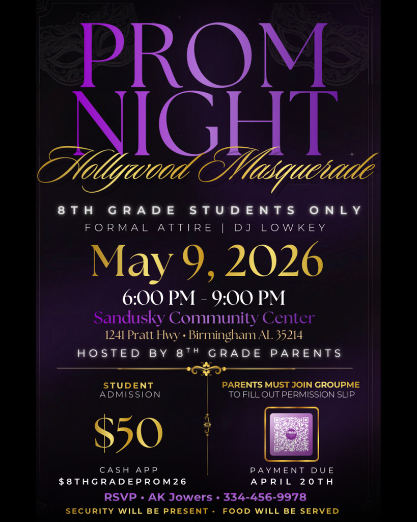 Flyer for Minor Middle's 8th Grade Prom. Contains details about how to RSVP, when payment is due, and where the dance will be held. Download to scan the QR code.
