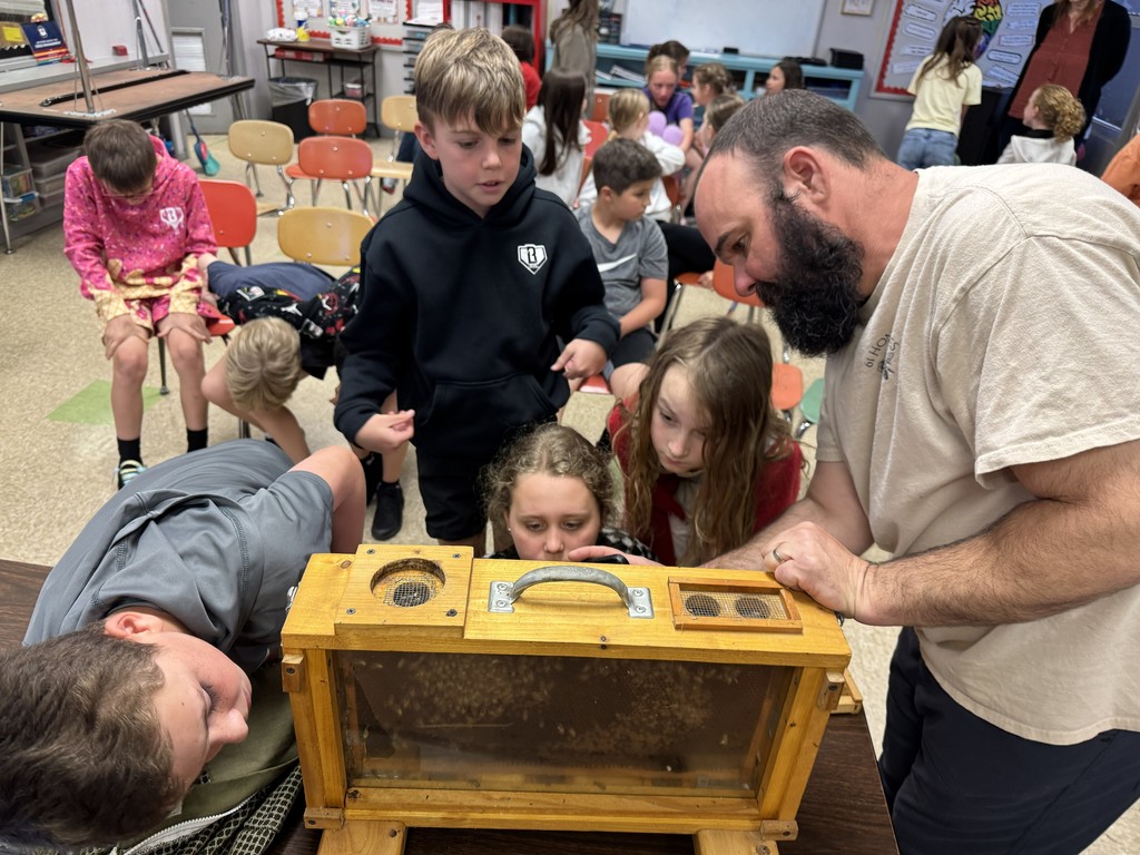4th grade RLC students are getting an up close look at an observation hive with a visiting beekeeper.