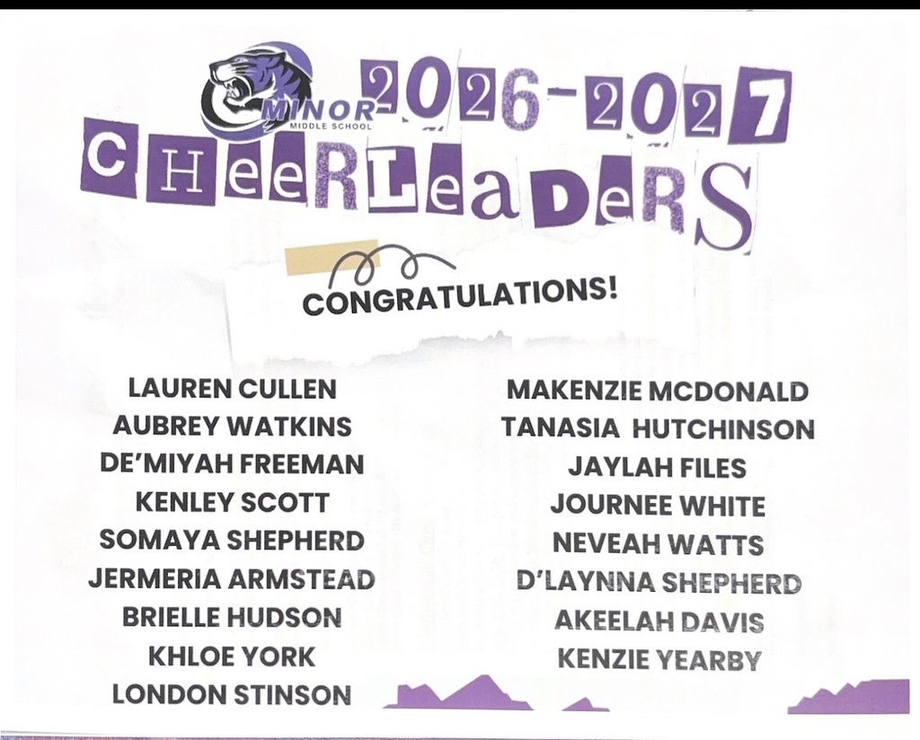 A purple and white collage-style graphic announcing the 2026-2027 Minor Middle School Cheerleaders. The Minor Middle Tiger logo is at the top with the word 'CONGRATULATIONS!' Underneath, two columns list the names of the new squad members, including Lauren Cullen, Makenzie McDonald, and 16 other students.