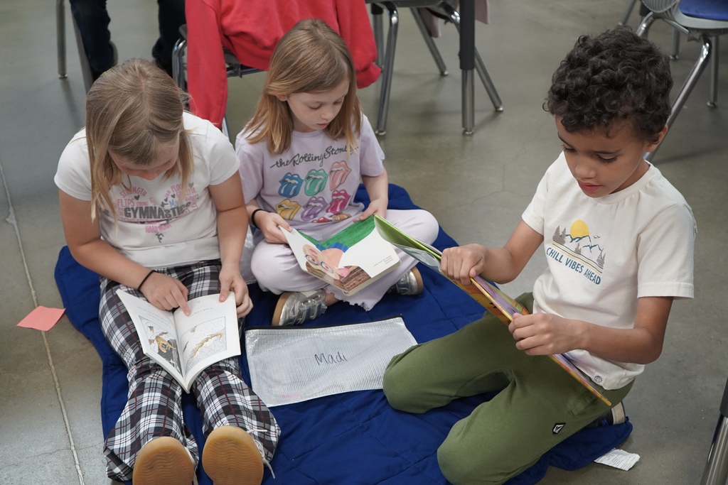 Three students sit on a blanket on the floor of a classroom and read books. 