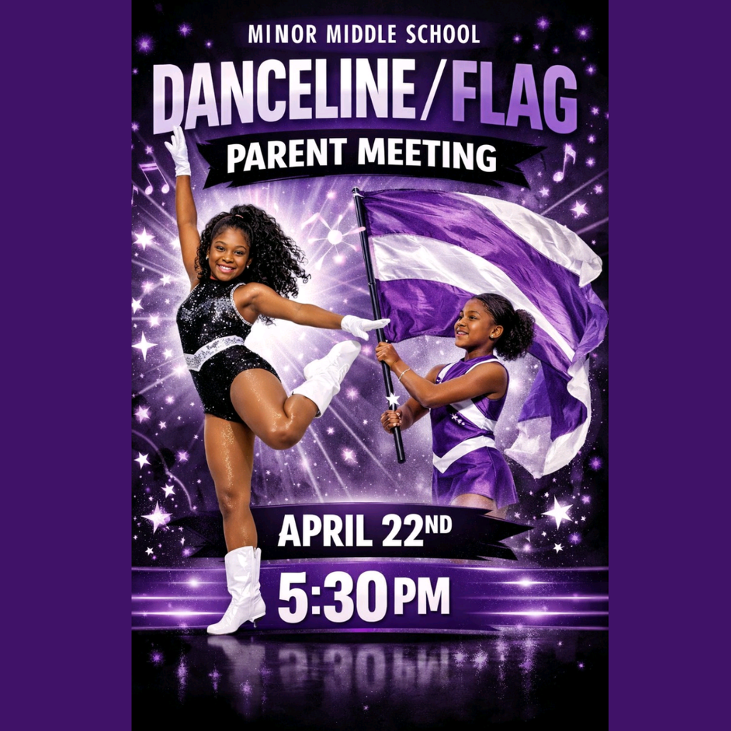 A vibrant purple and black promotional flyer for Minor Middle School. The text at the top reads "DANCELINE/FLAG PARENT MEETING" in large, bold, silver-to-purple gradient lettering.  The center of the flyer features two young performers: one dancer on the left in a sparkling black and silver leotard and white boots, striking a dynamic pose, and a flag corps member on the right in a purple and white uniform, holding a large purple and white flag.  The background is a dark purple space theme with glowing stars and musical notes. At the bottom, a bold black banner displays the date April 22nd at 5:30 PM in large white text.