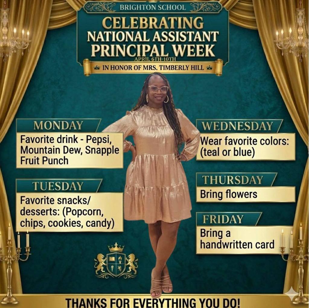 teacher standing with her hands on her hips surrounded by things we are asking kids to bring her this week for assistant principals week