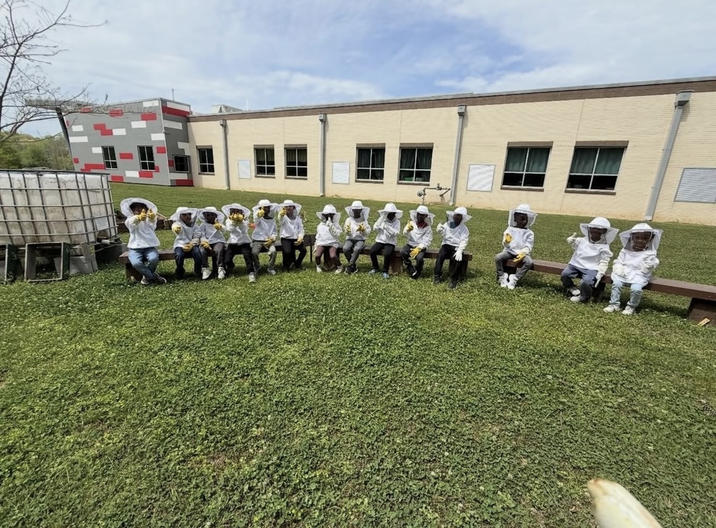 A group of students all wearing beekeeping suits sit on benches outside Grantswood Community School and give thumbs up.