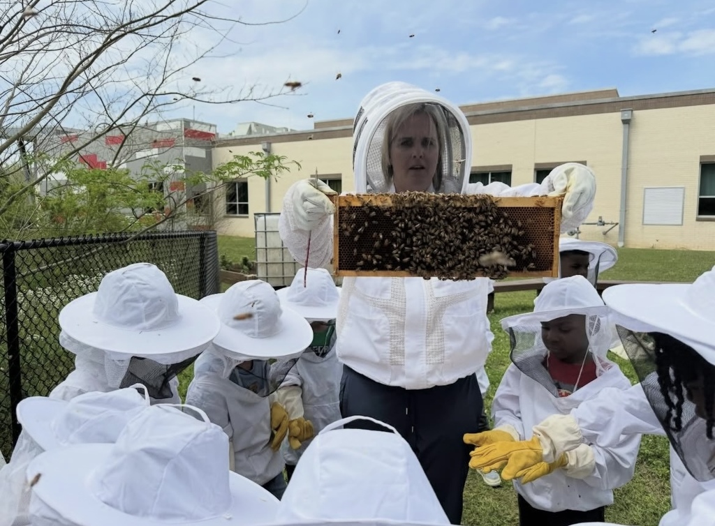 A woman wearing a beekeeping uniform holds up a box with bees on it while standing outside. Students wearing beekeeping suit stand around the woman.