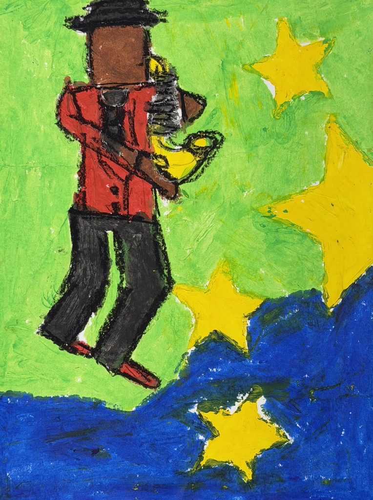 Man playing saxophone on green and blue background with big yellow stars