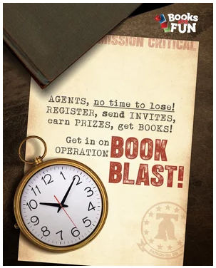 Book Blast last chance registration reminder with secret agent folder and clock