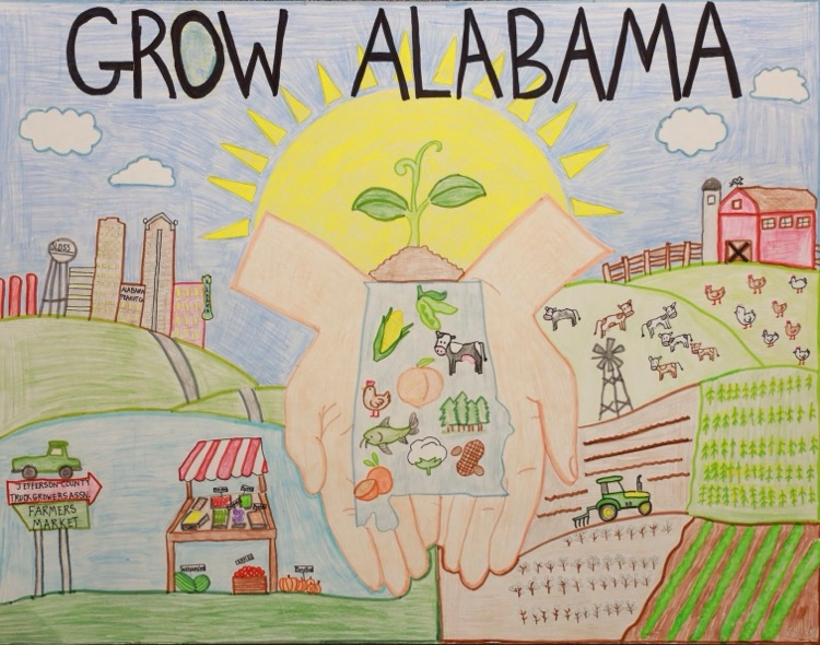 A poster made by a Bagley Elementary student says Grow Alabama and has drawn pictures of the state of Alabama, city of Birmingham, a farm and a farmer’s market.