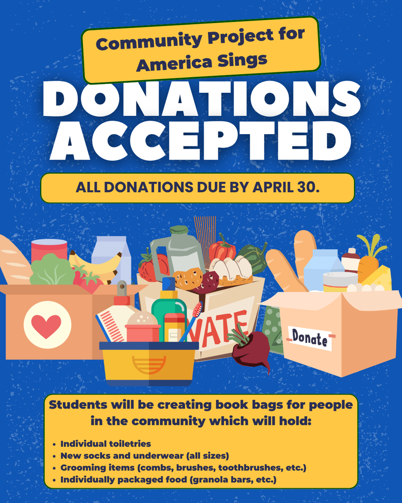 Flyer for America Sings Community Drive requesting toiletries and snacks to create backpacks for the community