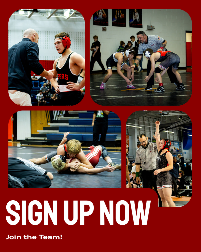 Text that reads "Sign Up Now. Join the Team!" with four action photographs of student wrestlers