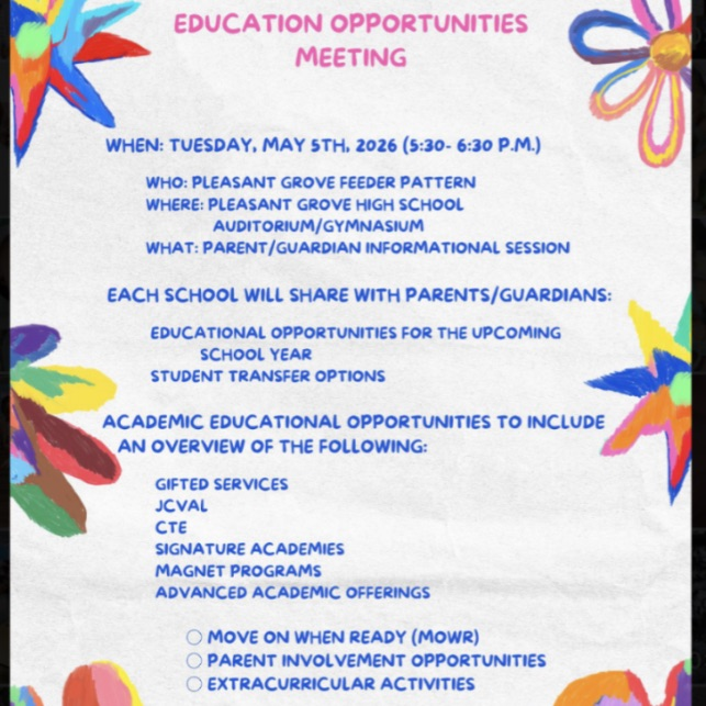 A flyer explaining what how educational opportunities will be discussed with the community on May 5th at 5:30 at the PGHS Auditorium/Gymnasium.