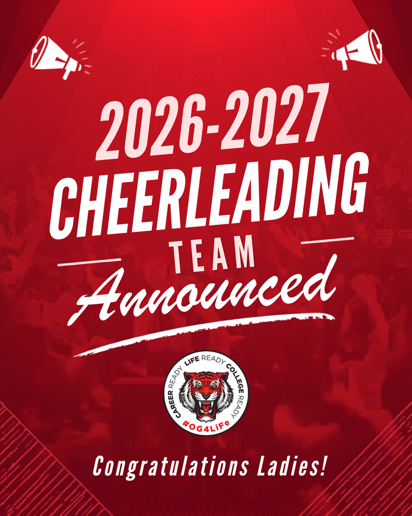 Red background with text that reads "2026-2027Cheerleading Team Announced. Congratulations Ladies!"