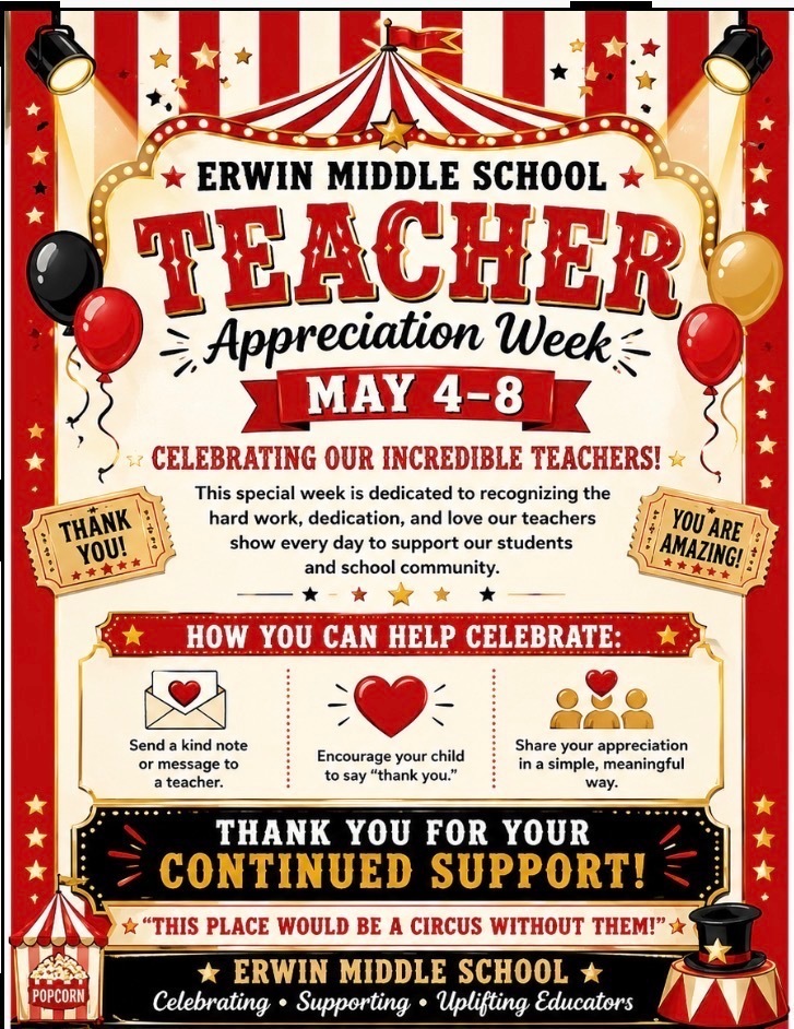 A vintage circus-themed poster for Erwin Middle School's Teacher Appreciation Week, May 4-8. The poster features red and white striped background with gold trim, marquee lights, and various circus graphics like balloons, a tent, popcorn, and a magician's hat. Text reads: "ERWIN MIDDLE SCHOOL TEACHER Appreciation Week MAY 4-8. CELEBRATING OUR INCREDIBLE TEACHERS! This special week is dedicated to recognizing the hard work, dedication, and love our teachers show every day to support our students and school community." Smaller tickets are also visible reading "THANK YOU!" and "YOU ARE AMAZING!". At the bottom of the poster, there is an explanation of "HOW YOU CAN HELP CELEBRATE:" with three points: "Send a kind note or message to a teacher.", "Encourage your child to say 'thank you'.", and "Share your appreciation in a simple, meaningful way.". Final text reads: "THANK YOU FOR YOUR CONTINUED SUPPORT! 'THIS PLACE WOULD BE A CIRCUS WITHOUT THEM!' ★ ERWIN MIDDLE SCHOOL ★ Celebrating • Supporting • Uplifting Educators."