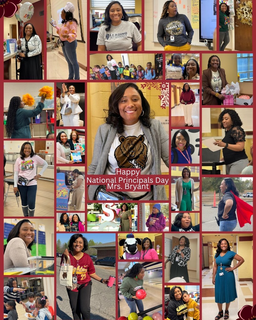 Mrs. Bryant is standing and smiling. She is surrounded by a collage of photos for her doing various activities around the school.