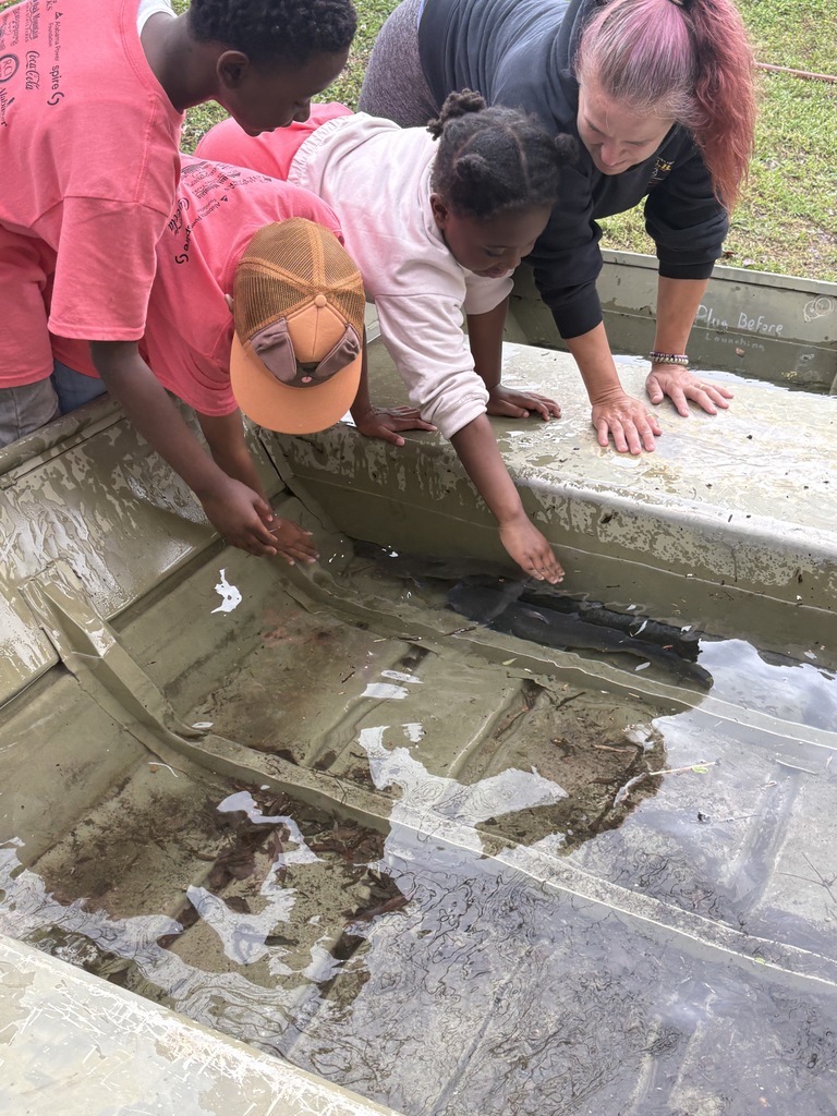 Students bend down and touch fish that are swimming in the bottom of an old boat that's been filled with water.