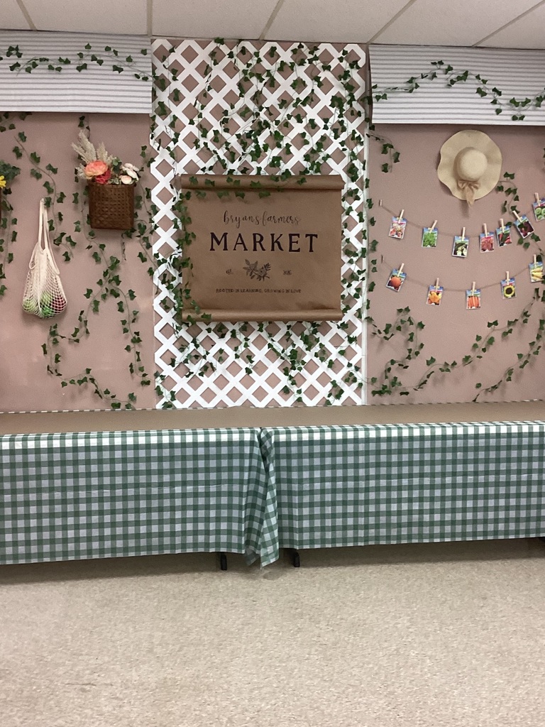 Two tables are covered with green and white checkered table cloths. The brown background behind the tables are hung with ivy, seeds and other farmers market decor.