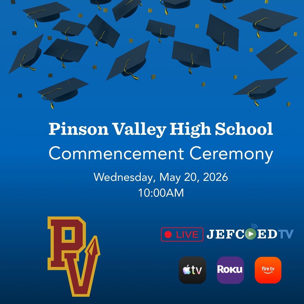 Graphic announces JEFCOED TV's live coverage of the PVHS graduation ceremony on May 20, 2026 at 10 a.m.