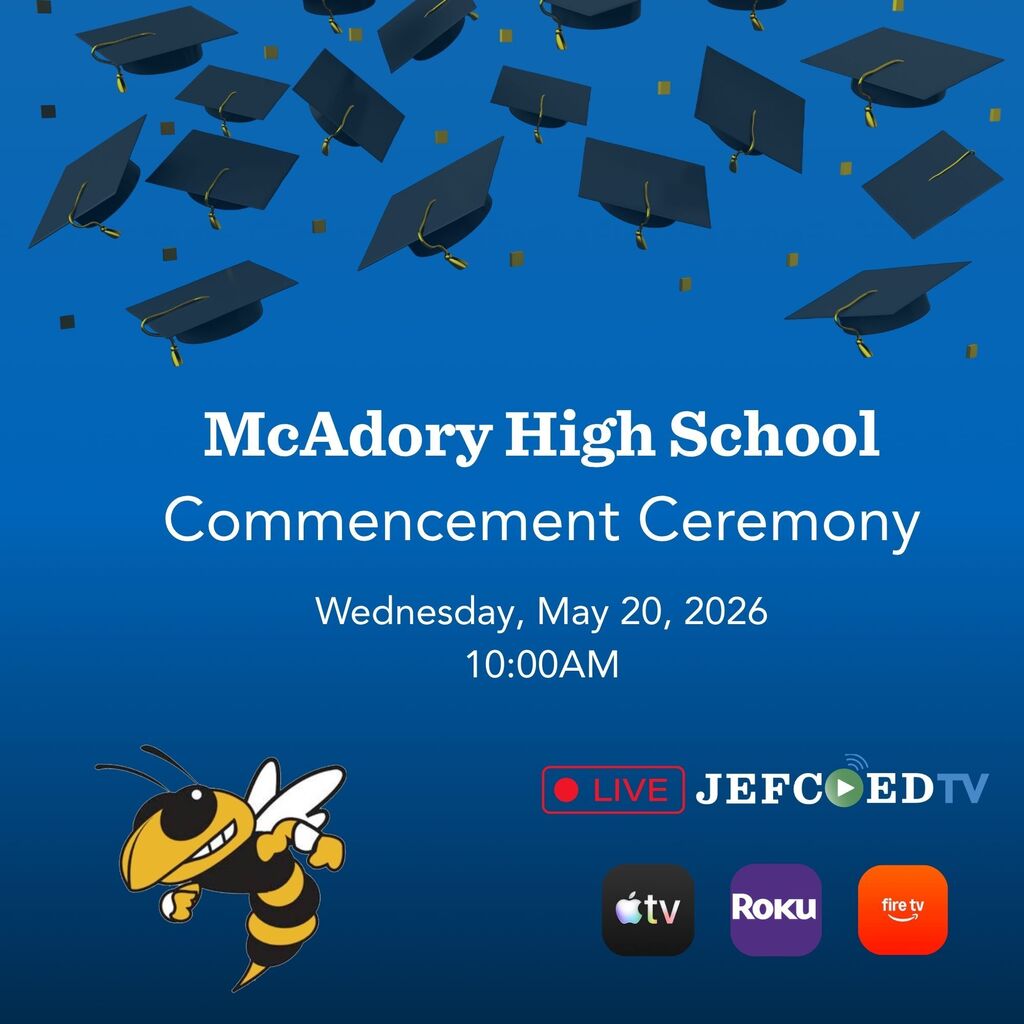 Graphic announces JEFCOED TV's live coverage of McAdory's graduation ceremony on May 20, 2026 at 10 a.m.