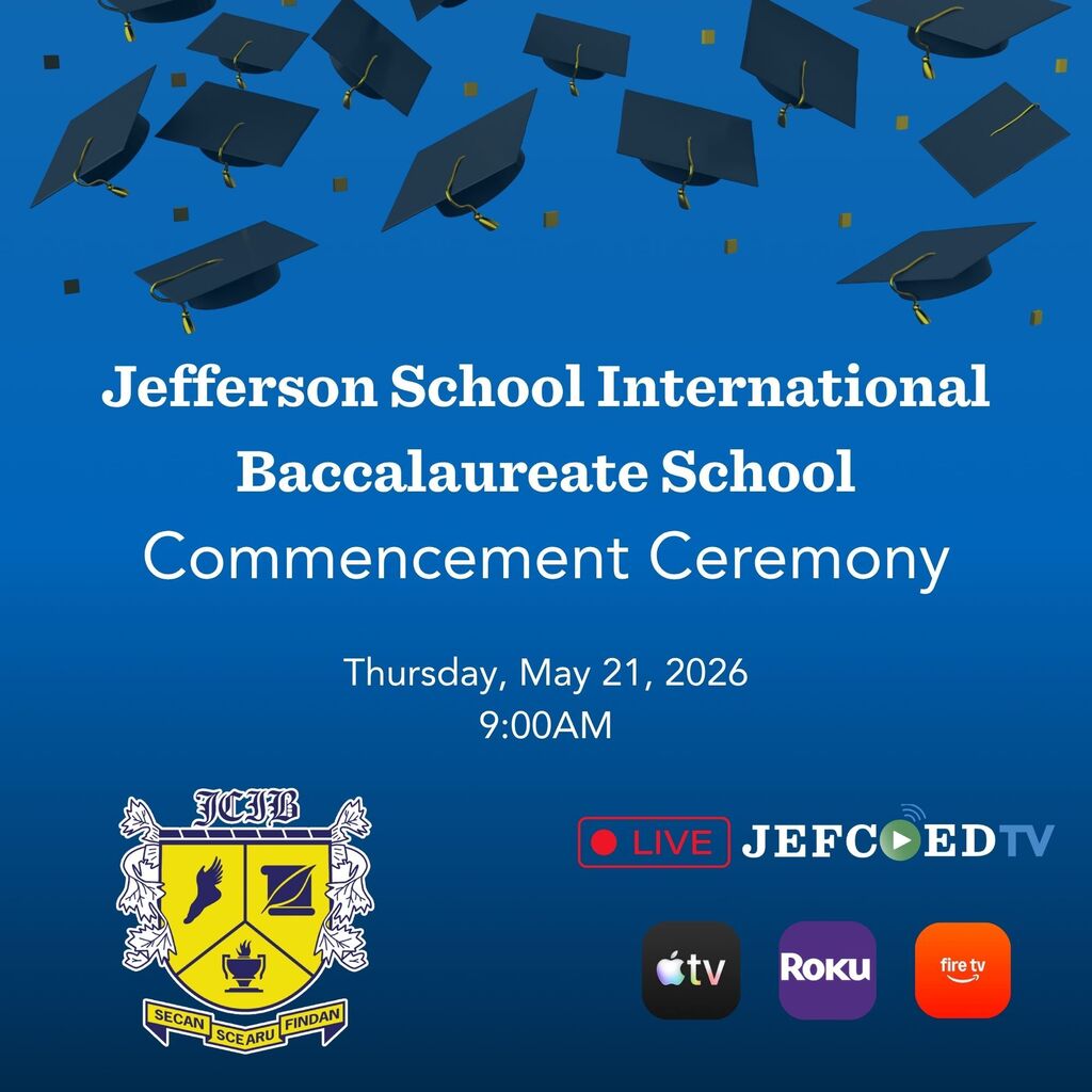 Graphic announces JEFCOED TV's live coverage of JCIB's graduation ceremony on Thursday, May 21, 2026 at 9 a.m.