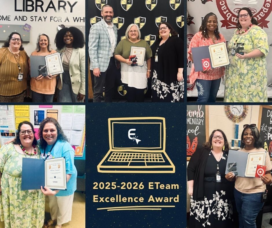 Image is a collage of JEFCOED ETeam leaders who received the ETeam Excellence Award. They smile and pose with their award and a gift card. Text on the collage says "2025 - 2026 ETeam Excellence Award."