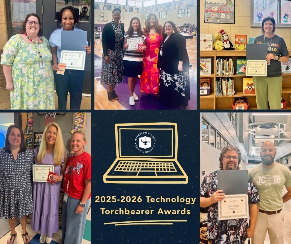 Graphic is a college of JEFCOED's Technology Torchbearer Award recipients posing with their awards.