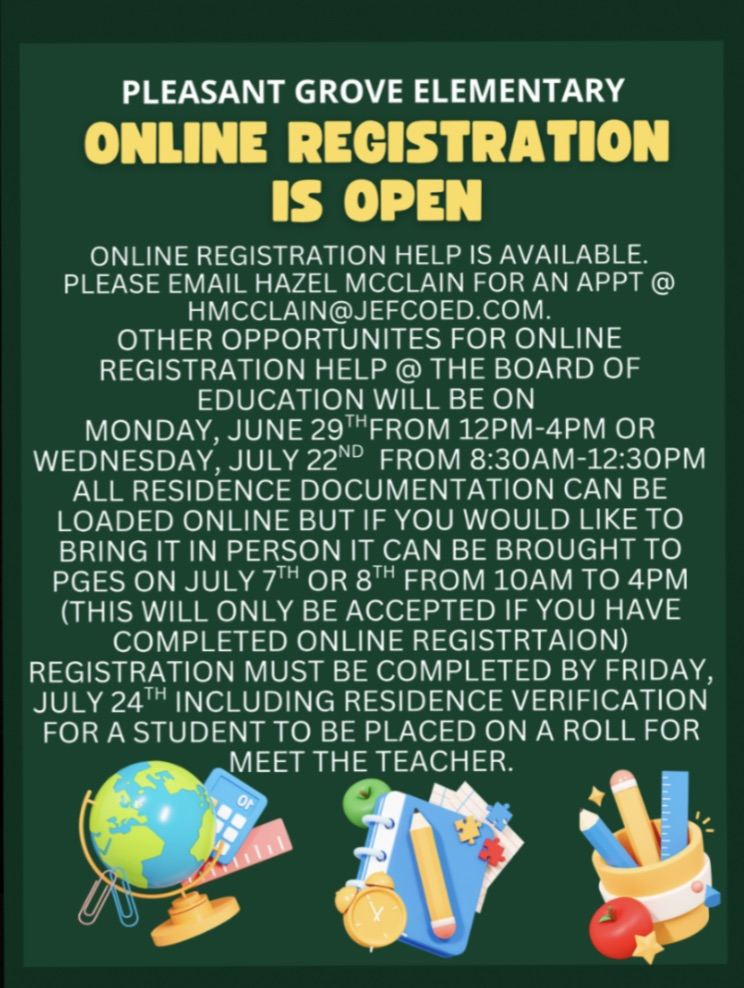 A flyer telling everyone that registration is open. call the school for instructions at (205) 379-5200.