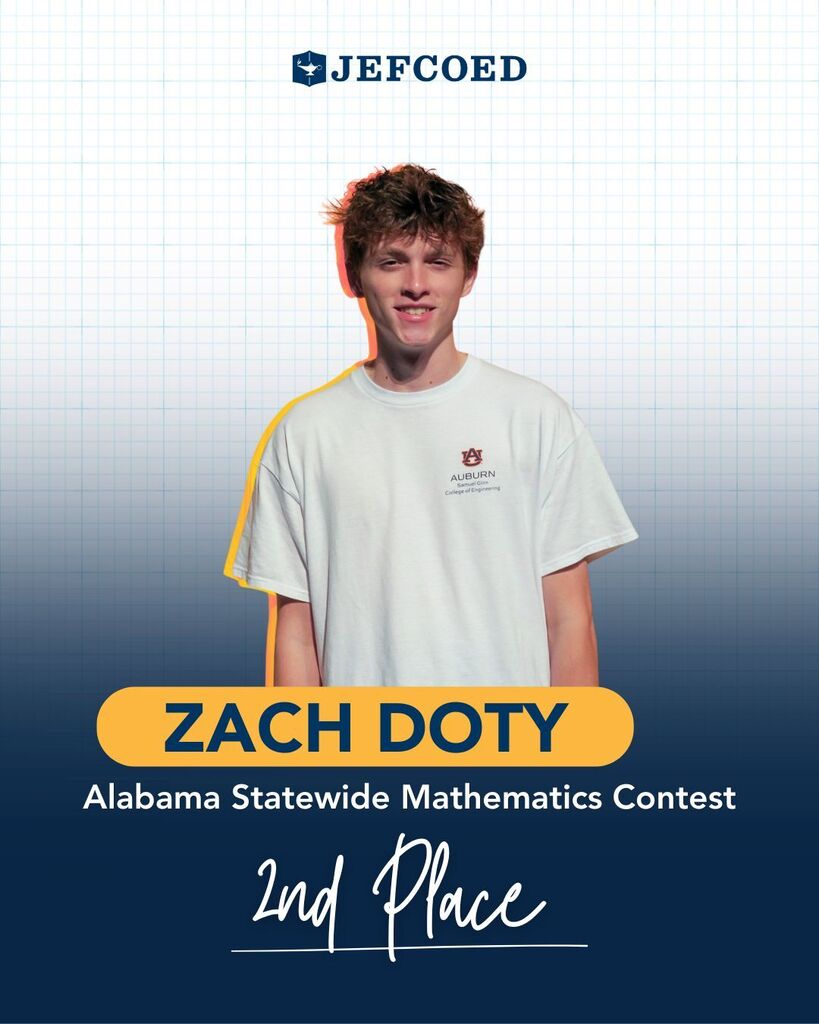 Graphic announces Zach Doty placing second in the Alabama Statewide Mathematics Contest.
