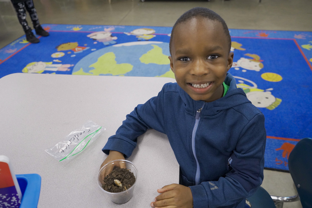 A child sits at a table inside a classroom and smiles. In front of him is a cup with soil and a seed inside.