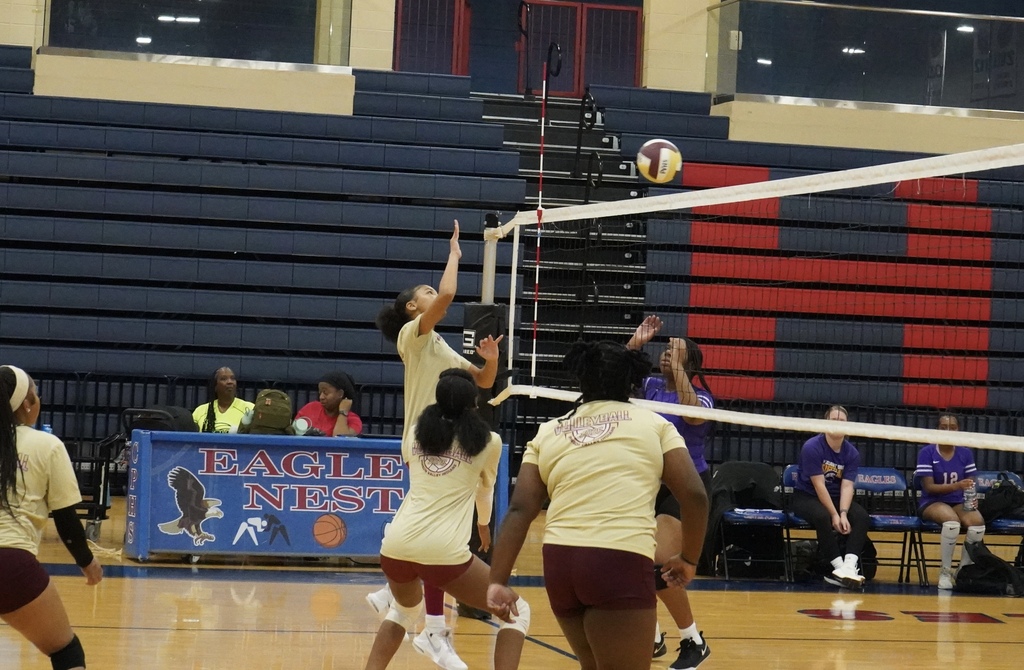 A Pinson Valley High School volleyball player hits the ball over the net during a game against Pleasant Grove.