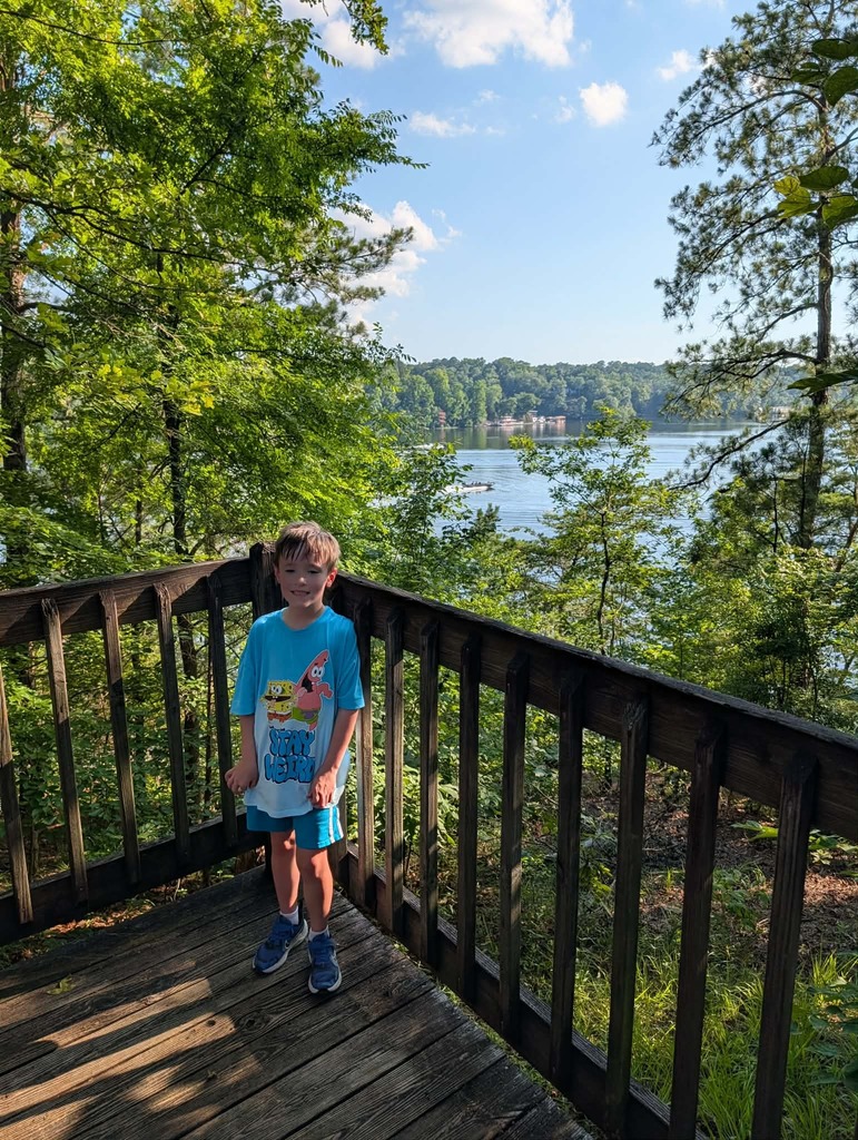 A boy wearing a Spongebob t-shirt smiles while standing in front of a scenic lake view.