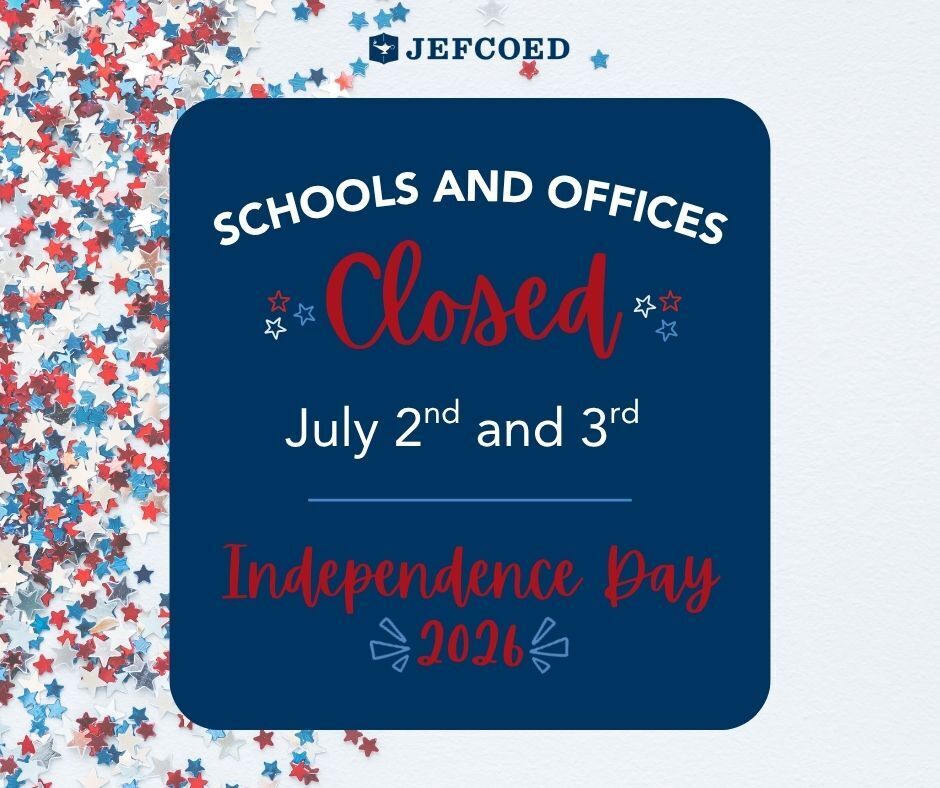 Graphic announces that Jefferson County Schools will be closed July 2nd and 3rd, 2026 for Independence Day.
