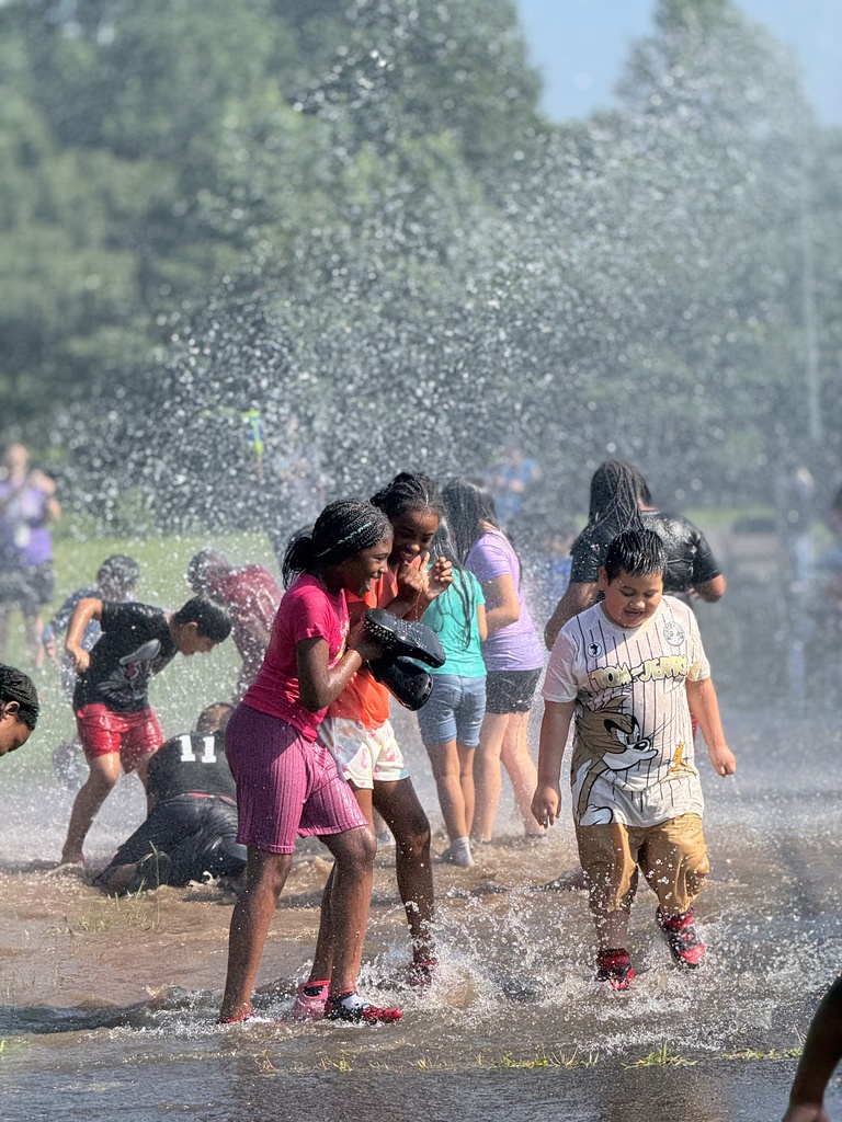 Children play in water as it's being sprayed through the air outdoors.