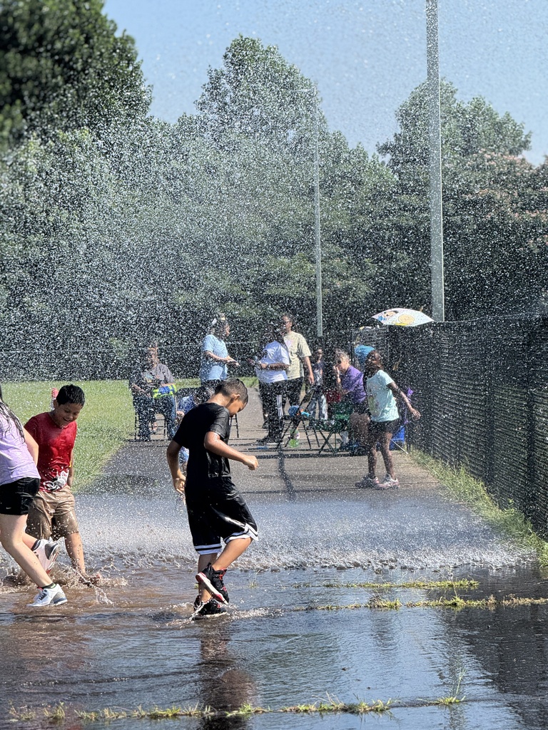 Children play in water outdoors as it's being sprayed from above.