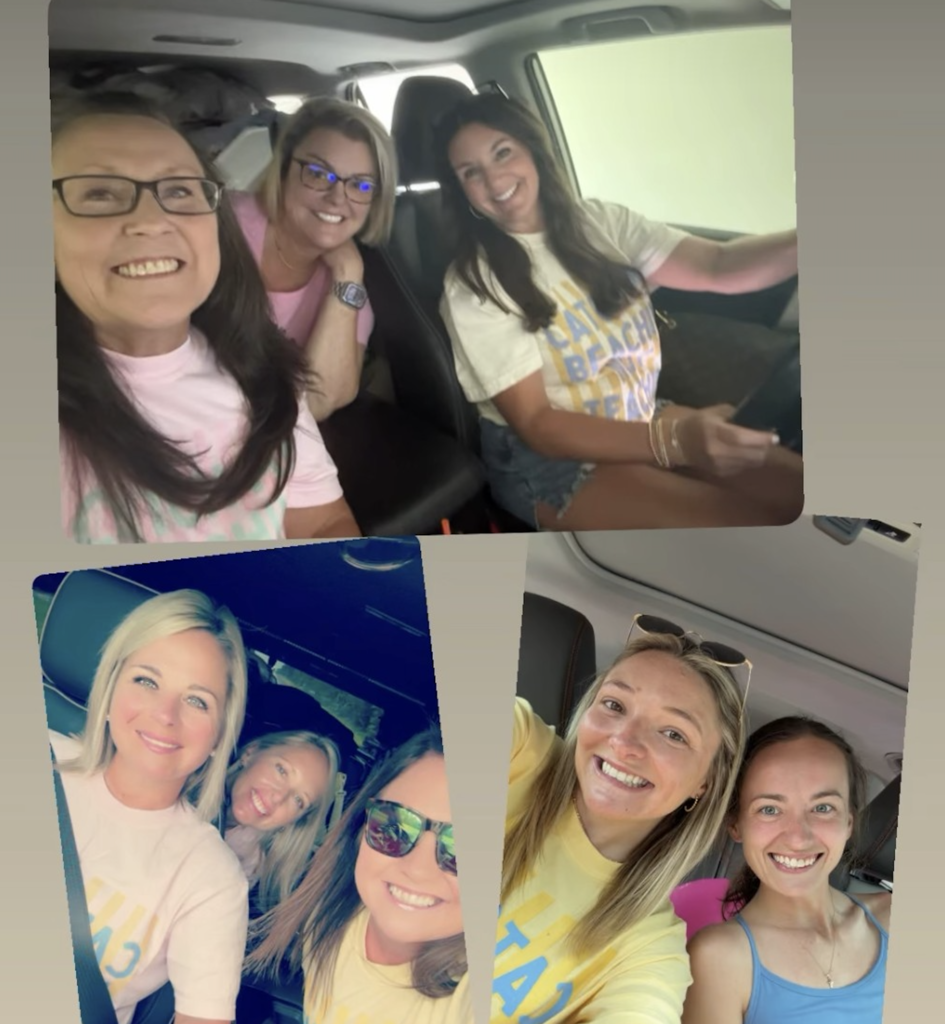 Image is a collage of selfies taken in vehicles. In the selfies, women pose together and smile.