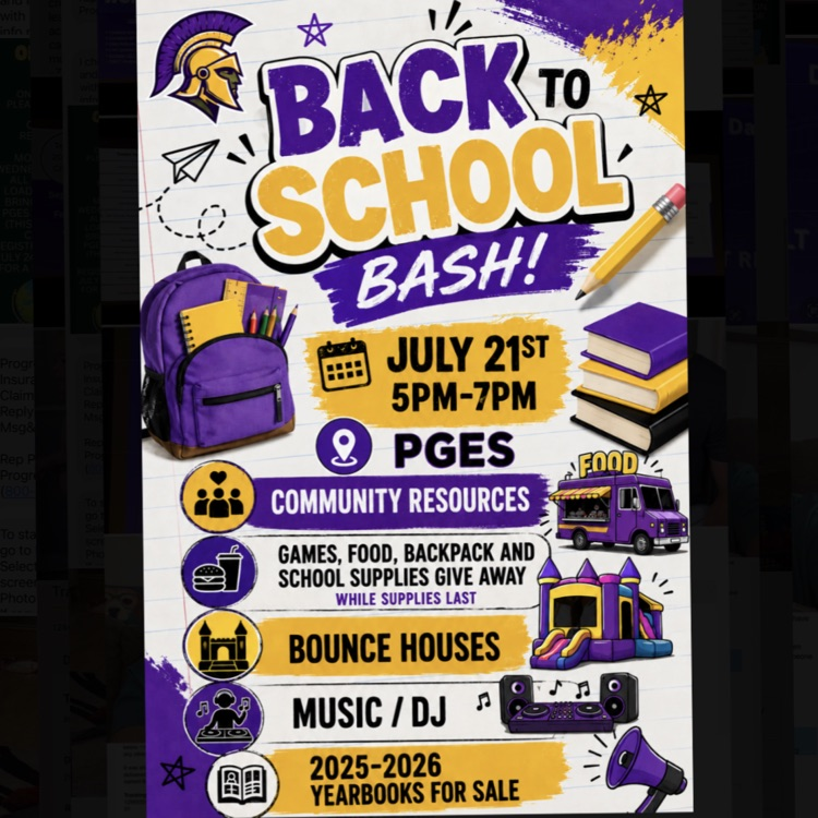 This is a flyer about the upcoming PGES Back to School Bash on July 21 from 5-7 pm. please call (205) 379-5200 for more details. 