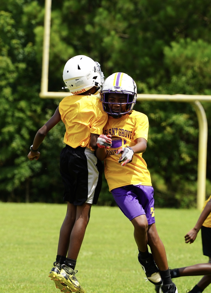 Pleasant Grove football players jump toward each other to celebrate a touch down.
