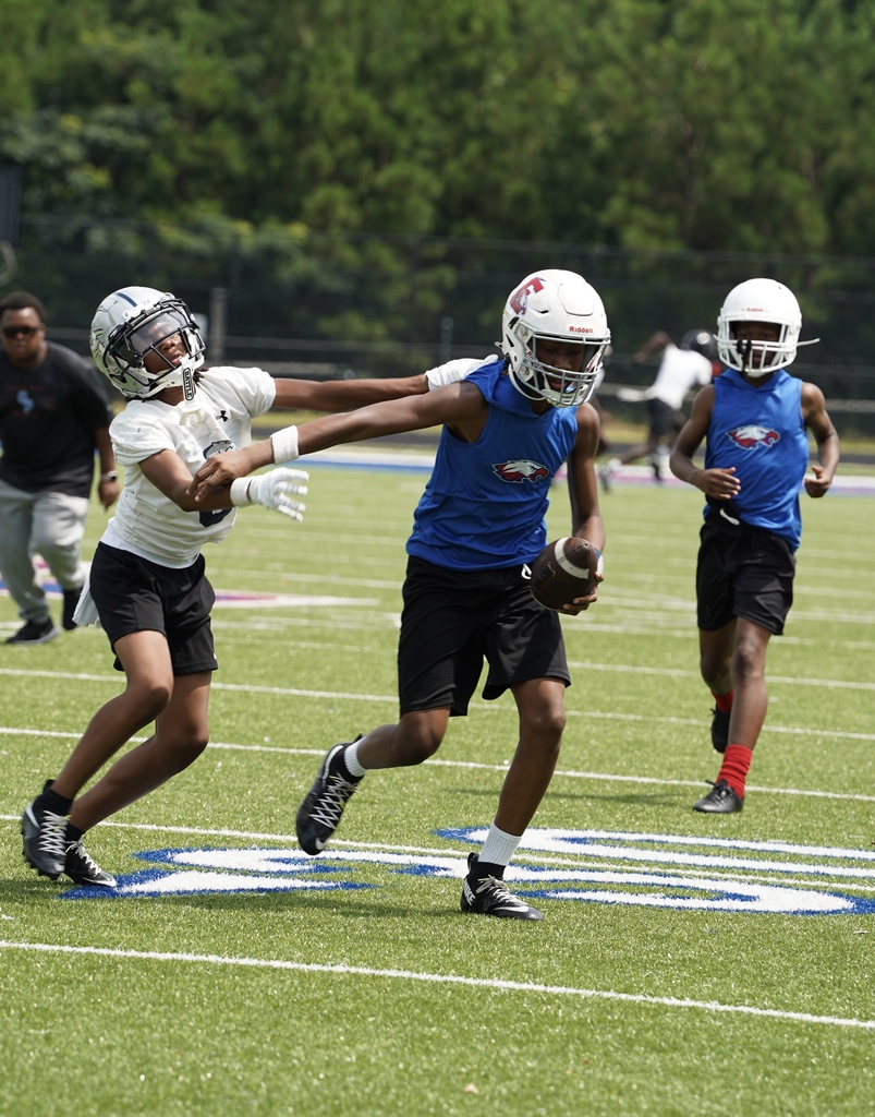 An Erwin Middle School football player pushes past a player on the opposing team and runs the ball down the field during a game.