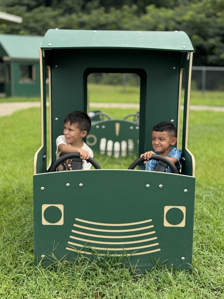 Two boys smile while sitting in a green toy bus on a playground.