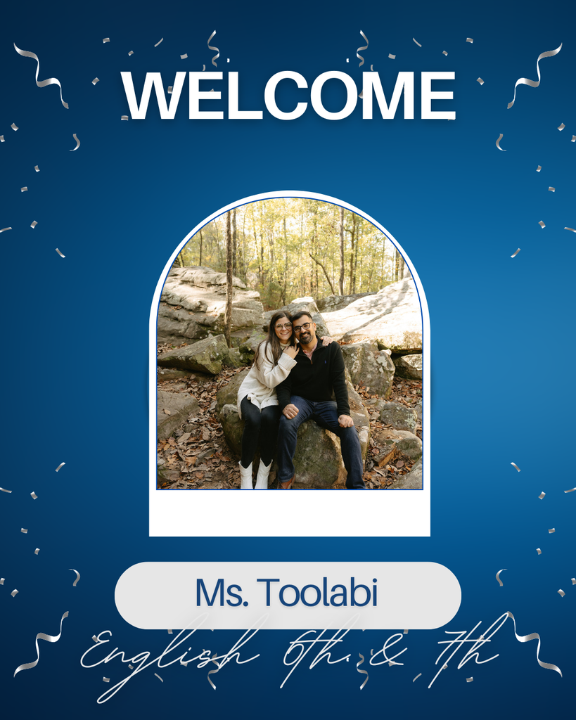 graphic says Welcome Ms. Toolabi English 6th & 7th . Middle of the graphic shows a picture of Ms. Toolabi and her husband sitting together on a rock. 