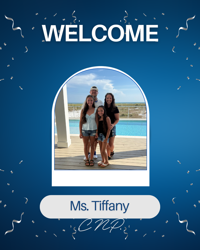 graphic says Welcome Ms. Tiffany, CNP . Middle of the graphic shows a picture of Ms. Tiffany, on the right. Her husband beside her and their two girls in front. 