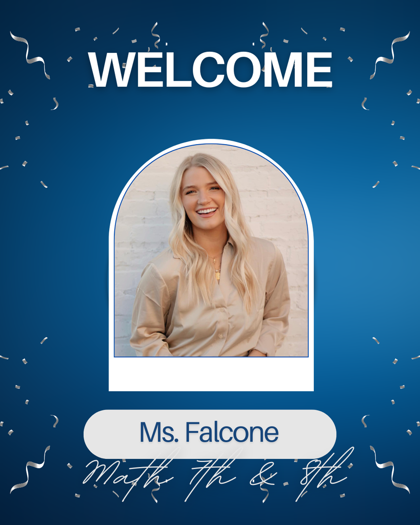 graphic says Welcome Ms. Falcone Math 7th & 8th . Middle of the graphic shows a picture of Ms. Falcone