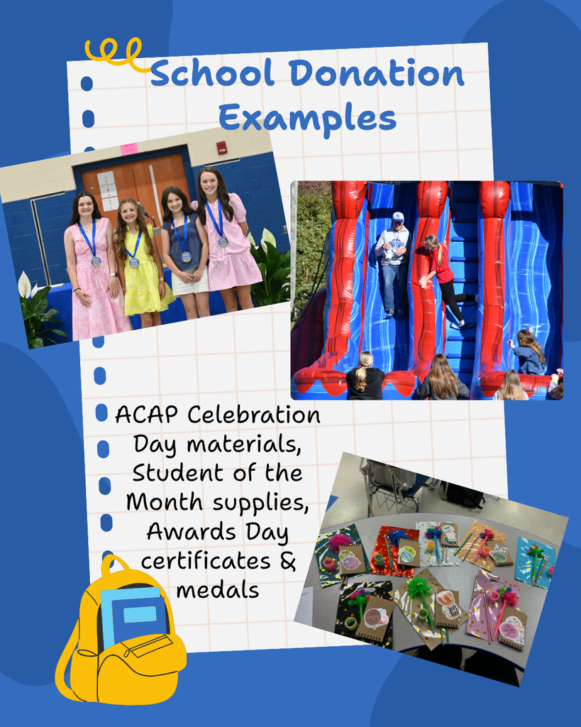 says School donation examples. ACAP Celebration Day materials, Student of the Month supplies, Awards Day certificates & medals. Pictures show:  Four girls in dresses with medals around their necks. A blowup slide with several students on it. An assortment of prizes: pencils, fidgets, notebooks. 