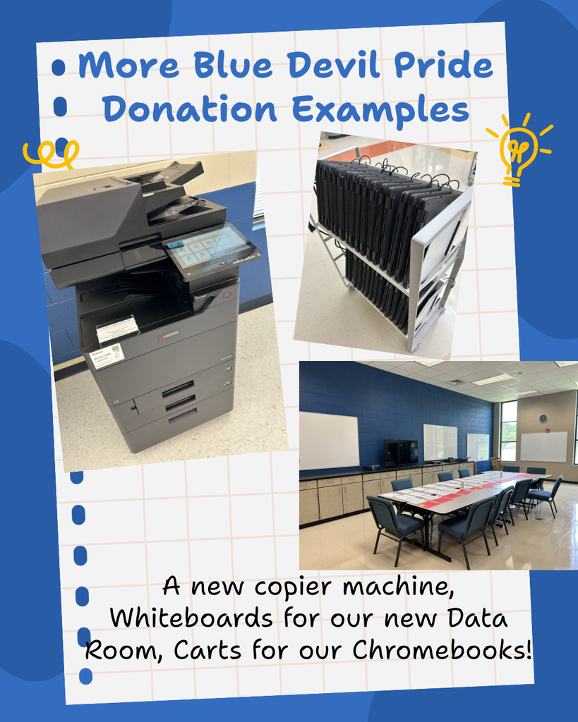 says more Blue Devil pride examples. A new copier machine, Whiteboards for our new Data Room, Carts for our Chromebooks! Pictures show a copier, a Chromebook cart filled with Chromebooks. A room with 4 large whiteboards. 