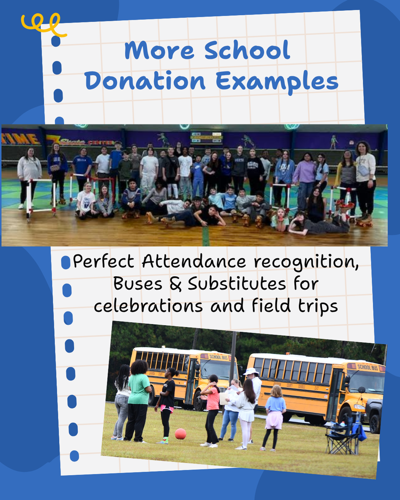 says more donation examples. Perfect Attendance recognition, Buses & Substitutes for celebrations and field trips. Pictures show students on field trips: a large group of students standing  on a skating rink, kids playing with a kick ball.