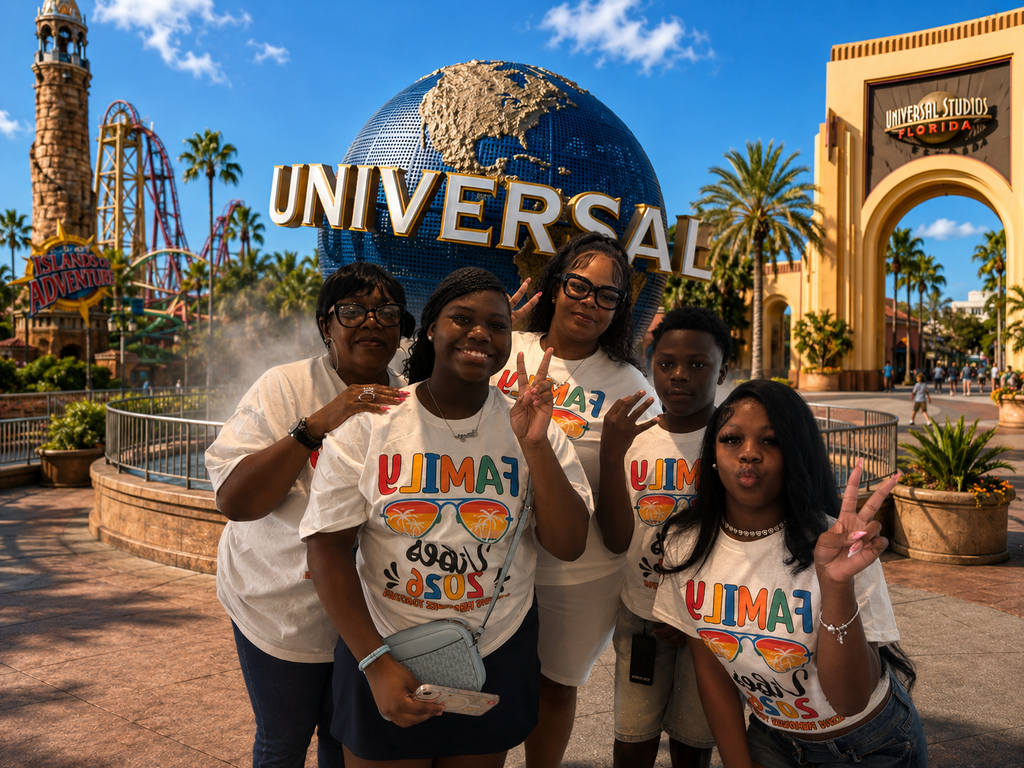A family poses in front of a Universal Studios background.