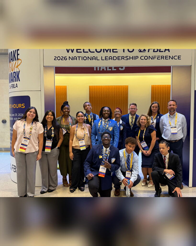 A group of students and teachers from different Jefcoed schools pose for a group picture at the National FBLA conference. 