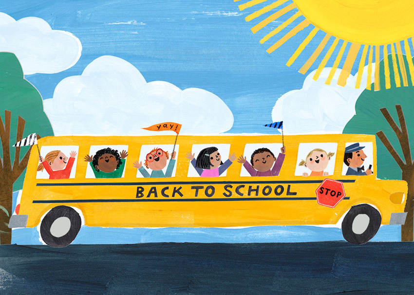 Back to school yellow school bus with kids on it