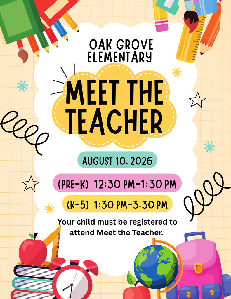 The picture is an image of Meet the Teacher in the center of page in a bubble. Underneath there are three other bubbles that have August 10, 2026 in the first bubble, Pre-K 12:30-1:30, in the second bubble, and K-5 1:30-3:30 in the third bubble. There are clipart of books, backpack and a globe along the bottom of the page.
