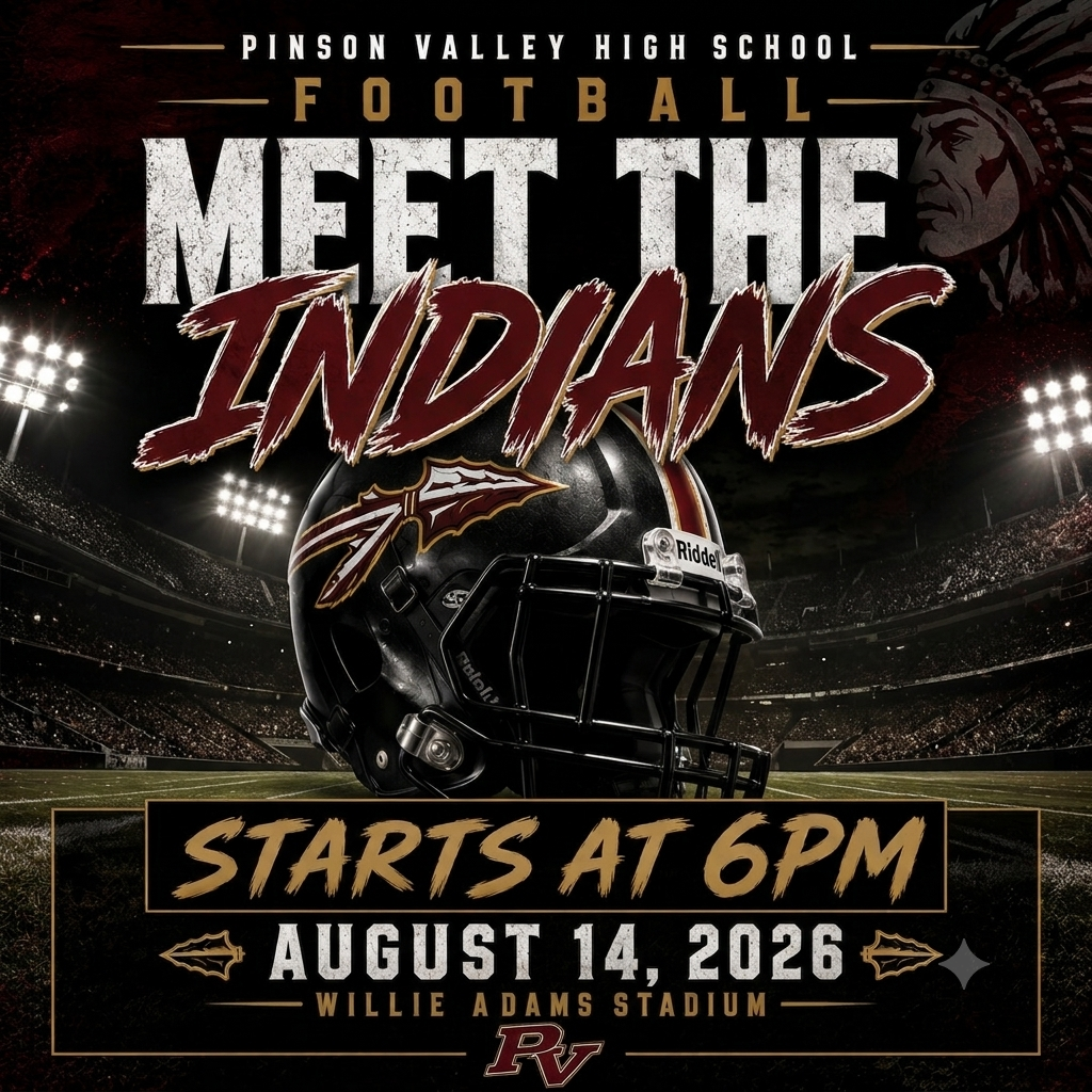 Flier for Pinson Valley High School Football Meet The Indians event on August 16, 2026 at 6pm at the Willie Adams Stadium