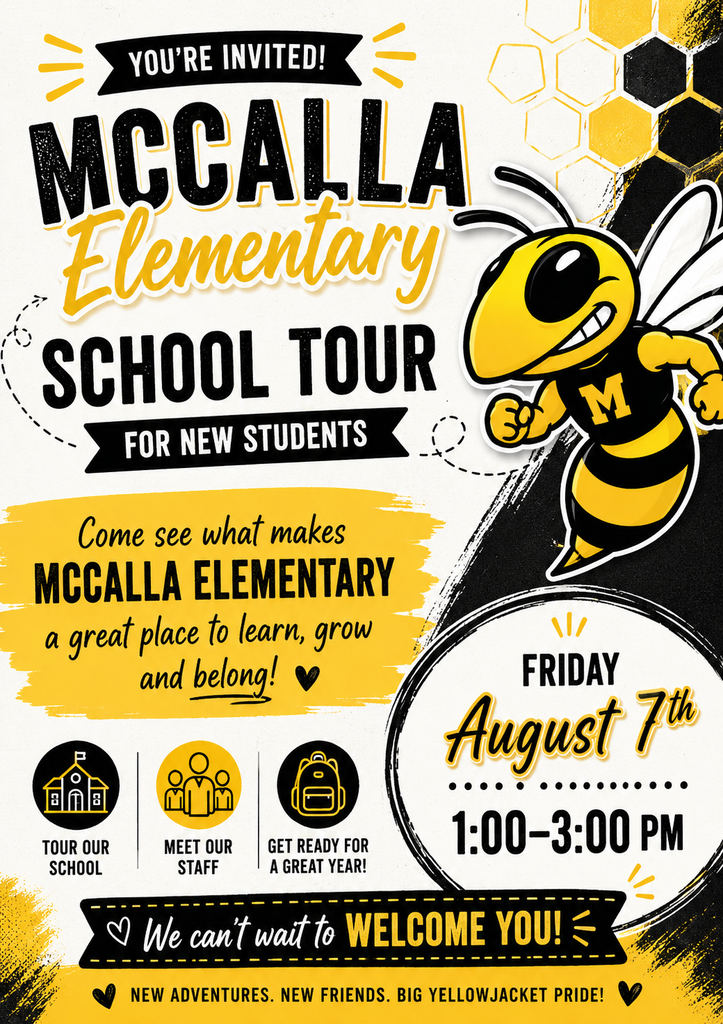 Flyer announcing a School Tour for New Students on Friday, August 7, from 1:00–3:00 p.m. Families are invited to visit the school, meet staff, and become familiar with the campus before the new school year begins.